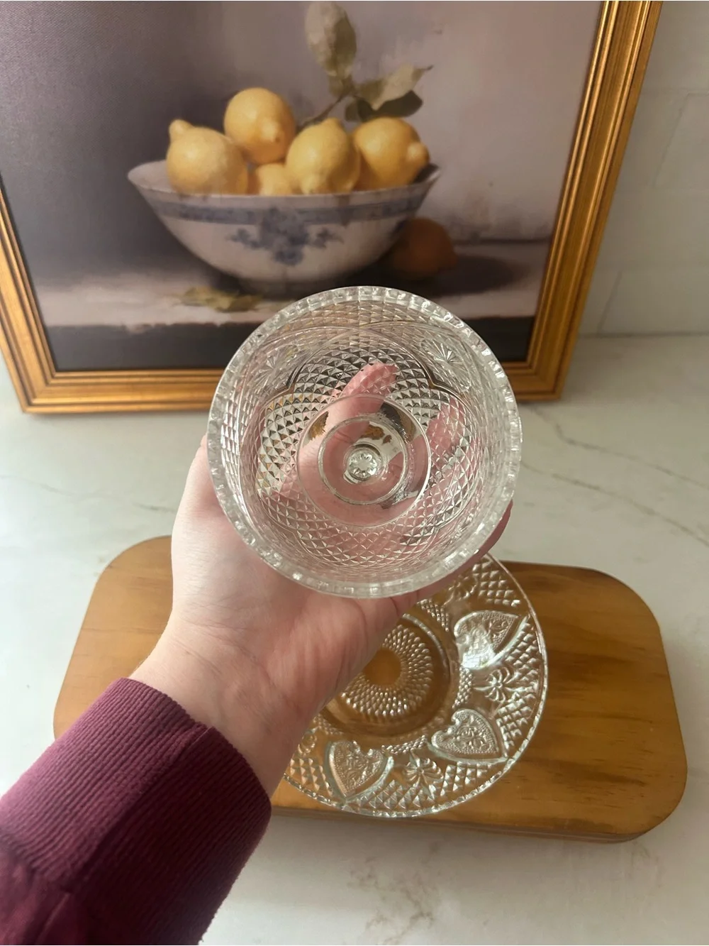 Vintage Pressed Glass Covered Butter Dish Heart Floral Pattern Cottage Decor